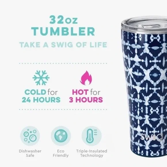 Swig 32oz Tumbler Indigo Isles Ikat Blue White Triple Insulated Stainless Steel - Picture 2 of 5